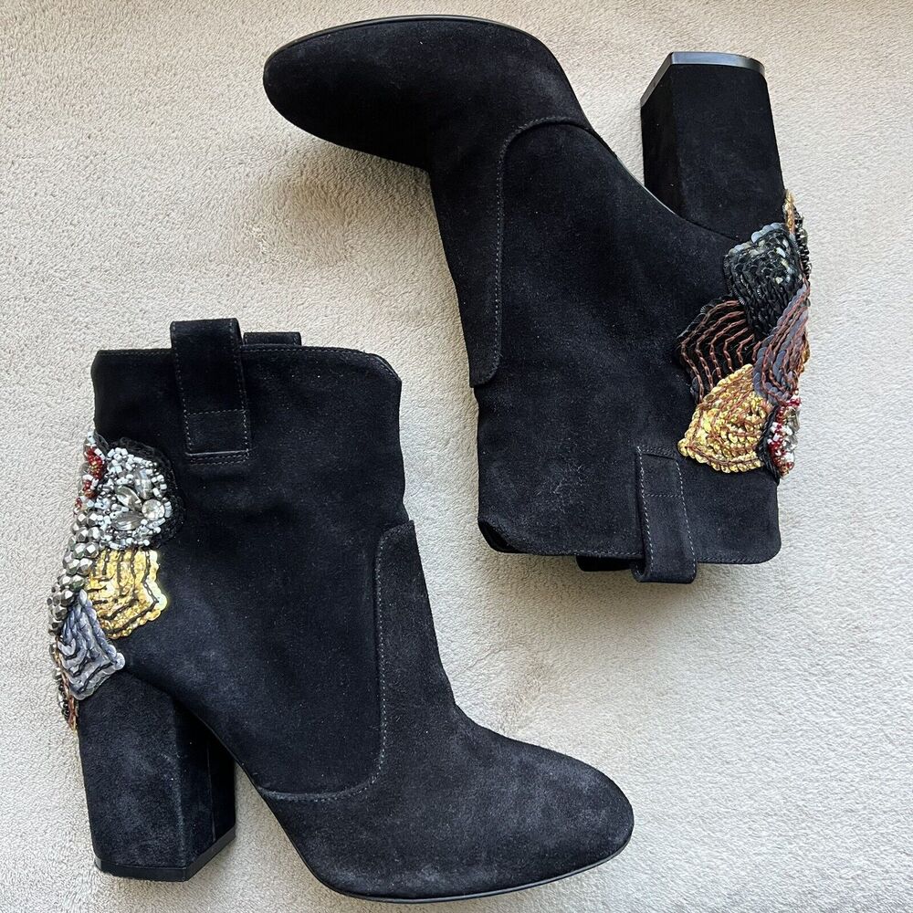 Strategia Black Suede Jewel Embellished Ankle Boot Block Heel Women's EU 37 US 7